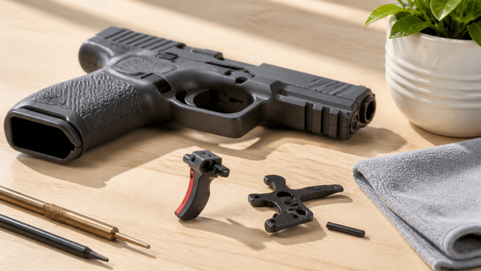 Close-up of a black pistol frame with a red trigger against a dark workshop background.