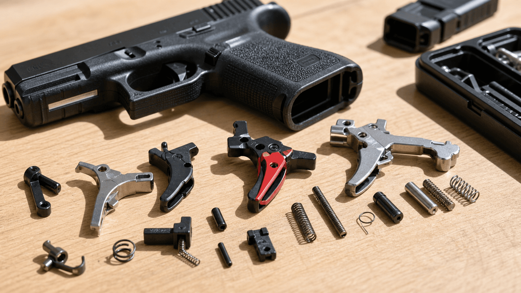 Close-up of a black Glock pistol trigger with red warning icons overlaid on a dark, gritty background.