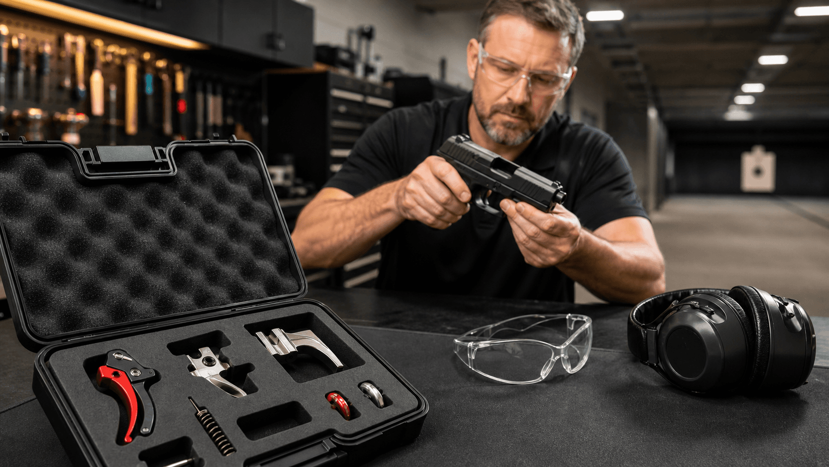 Close-up of a firearm trigger assembly and tools arranged on a dark workbench under dramatic lighting.