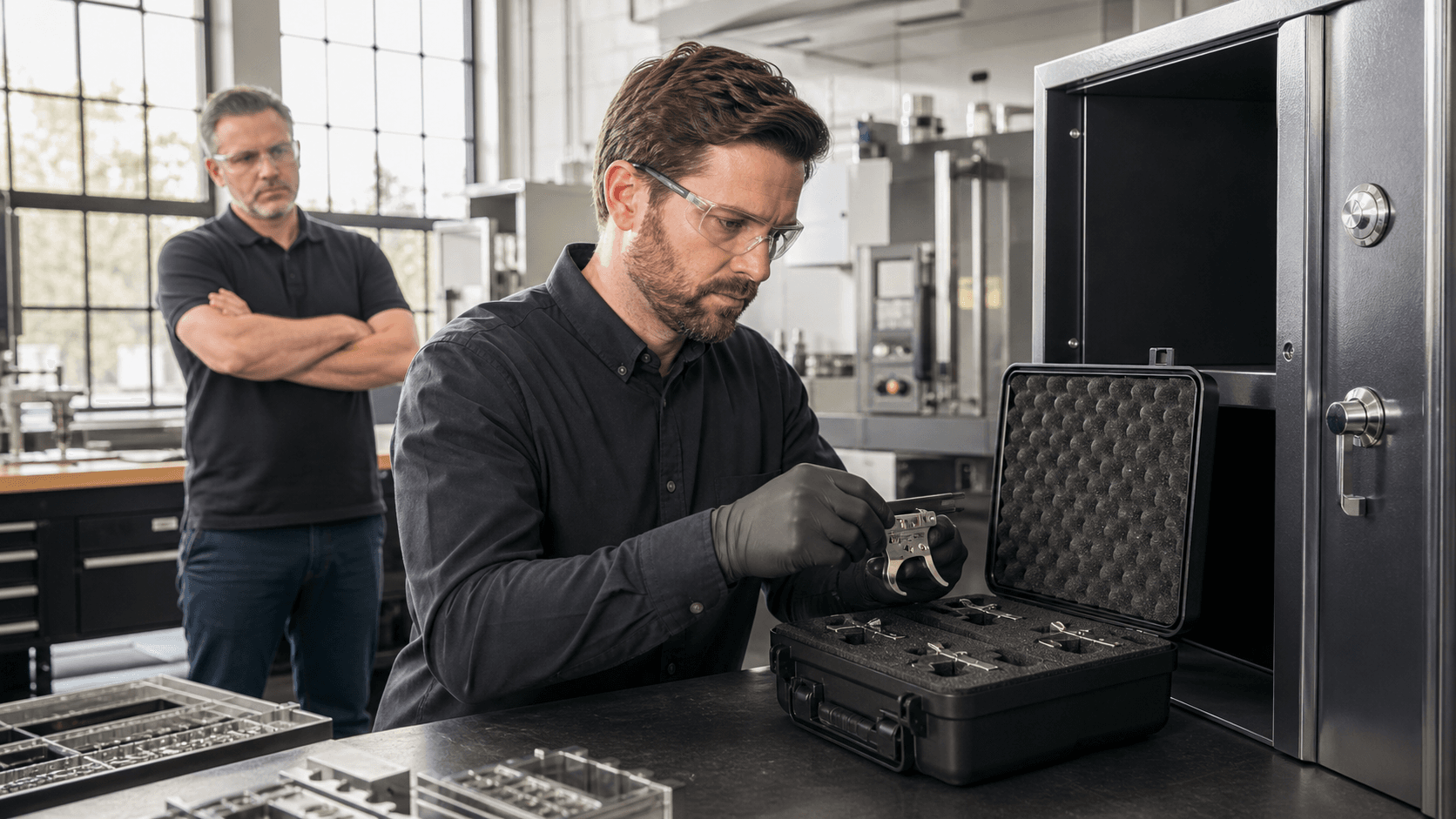 Responsible gun owner reviewing safety paperwork beside a secured firearm case in a softly lit room