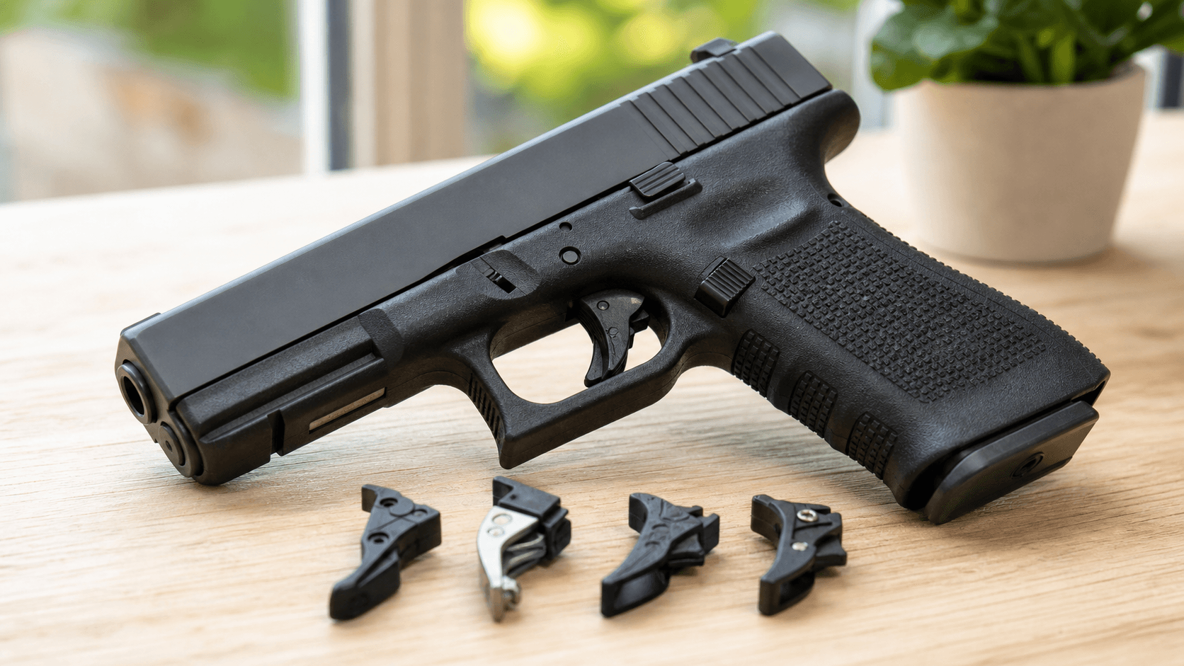 Close-up of a black handgun trigger and frame, lit dramatically on a dark background with shallow depth of field.