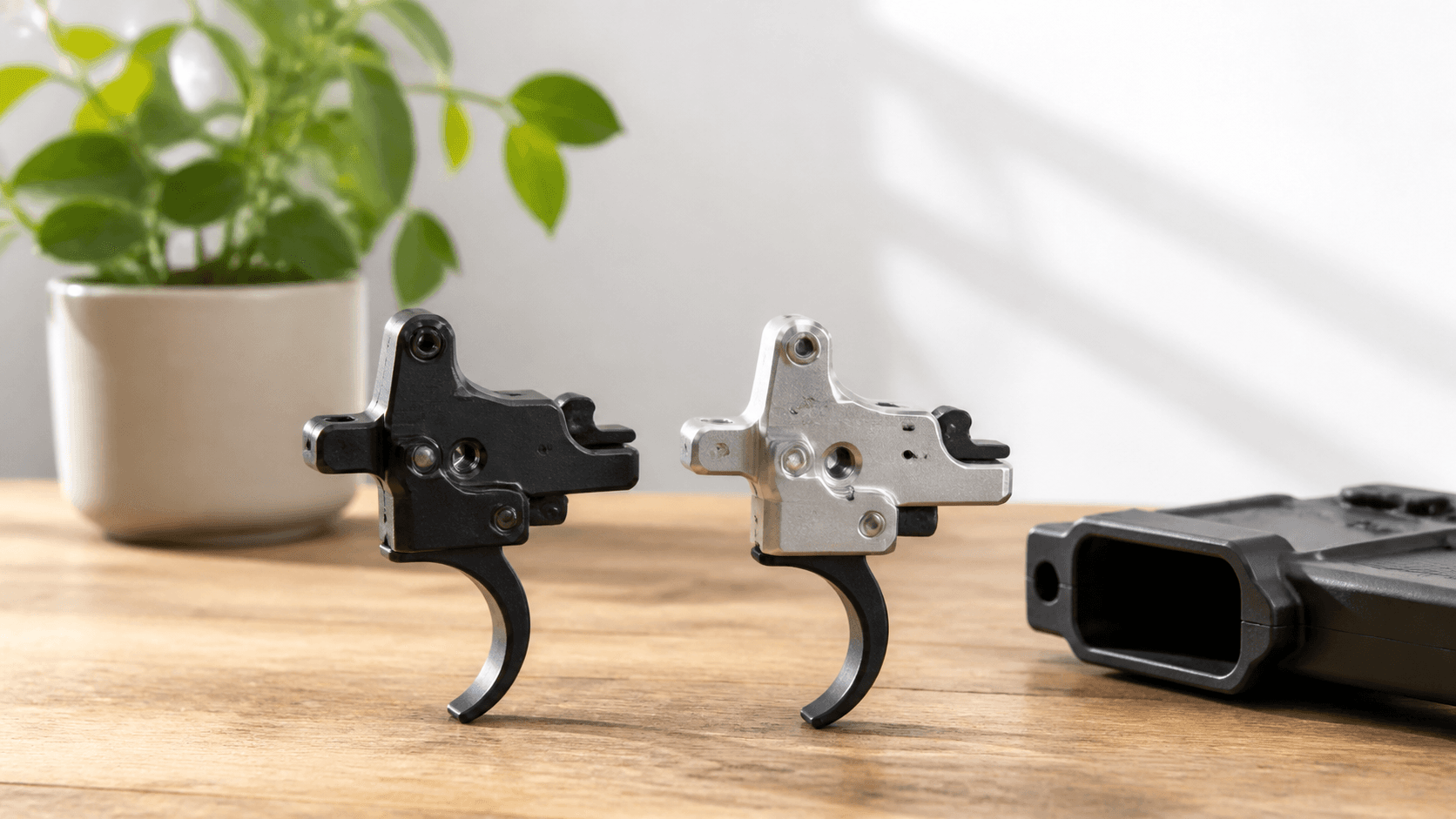 Close-up of a black rifle trigger assembly on a workbench with bold red and white overlay text.