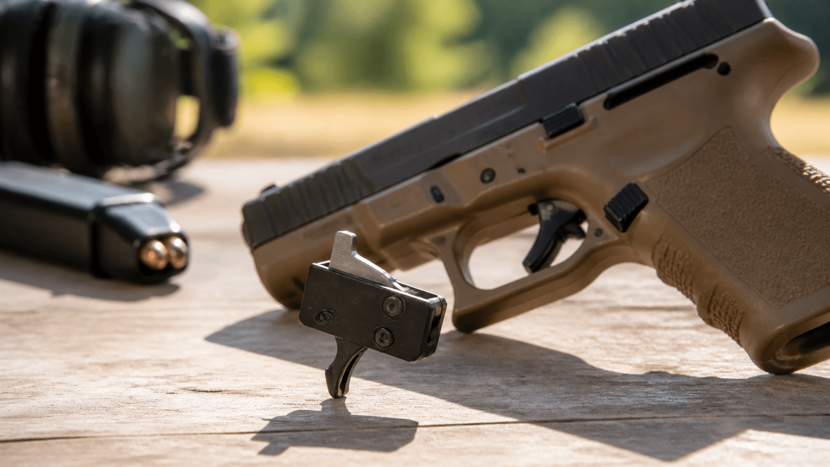 Close-up of a black firearm trigger assembly on a dark workbench with dramatic side lighting.