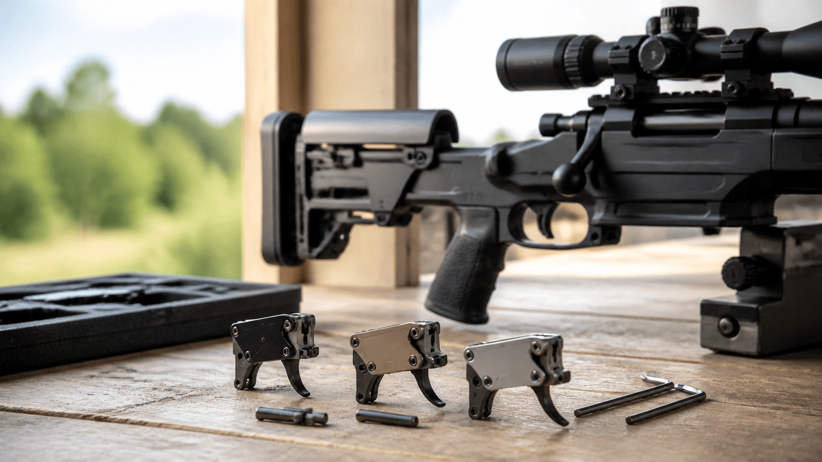 Close-up of a black rifle trigger assembly on a workbench with cool blue lighting and blurred tools behind it.